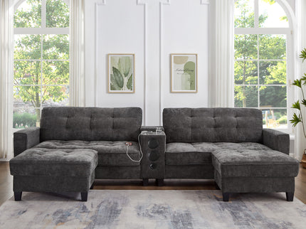 Modern Sectional Sofa U-Shaped With Movable Ottomans, tooth Speakers, LED Lights And Modular Storage