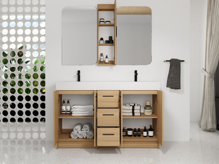 Double Sink Bathroom Vanity Set With Tall Linen Cabinet, 3 Drawers, Extra Large Storage, Integrated Sink, Freestanding Cabinet - Light Oak / White