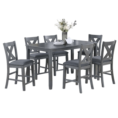 7 Piece Dining Room Furniture, Counter Height Table And 6 Chairs Set - Gray