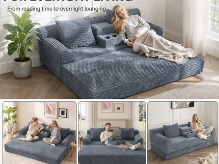 Soft Striped Convertible Sofa Bed, Dual Use Lounge Couch With Cup Holders And Pillows