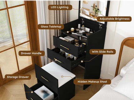 3 In 1 Vanity Desk With Open Top Mirror, Glass Desktop Makeup Set With 3 Drawers, Compact Dressing Table For Bedroom - Black
