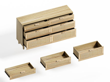 Rattan Dresser With 6 Drawers, Legs & Handles, Storage Cabinet - Natural