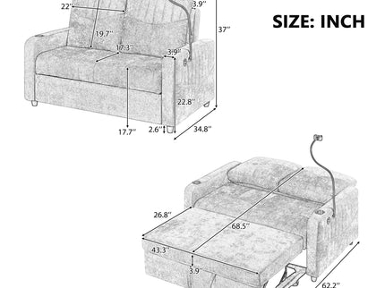 Modern Loveseat Pull Out Sofa Bed With Adjustable Backrest, Two Cup Holders, A Phone Holder, Three Charging Ports And Side Storage Pockets For Living Room