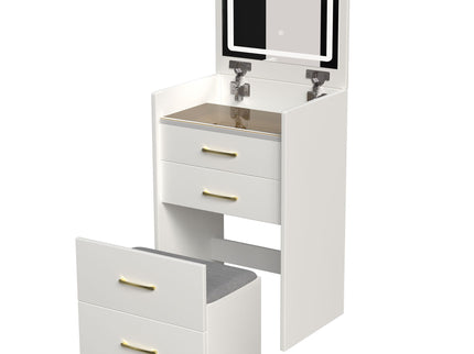 Compact 3 In 1 Vanity Desk With Open Top Mirror, Glass Desktop, 5 Height - White