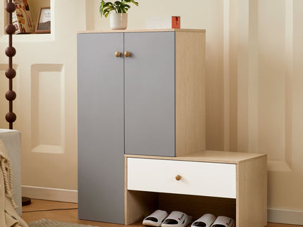 Modern Multi Functional Shoe Storage Bench & Cabinets With Adjustable Shelves - Gray / Natural Wood / White