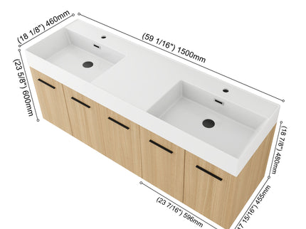 Floating Double Sink Bathroom Vanity Set With Tall Linen Cabinet, Extra Large Storage, Integrated Sink, Soft Close Doors - Glossy White / Light Oak