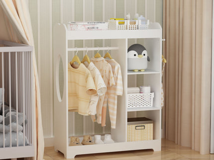 Dress Up Storage With Mirror And Hooks, Clothes Rack With Hanging Rod, 3 Side Hooks, Open Shelves, Top Shelf Organizer - White