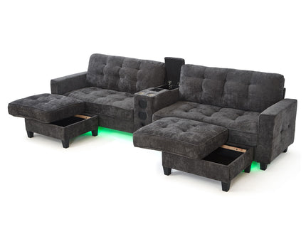 Modern Sectional Sofa U-Shaped With Movable Ottomans, tooth Speakers, LED Lights And Modular Storage