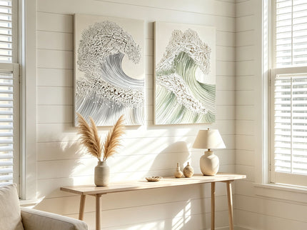 Ocean Wave Wall Art, Textured Canvas Painting With Accents (Set of 2) - Sage Green+Gold