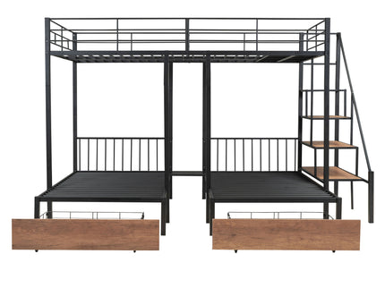 Full Over Twin-Twin Triple Bunk Bed With Drawers And Staircase - Black