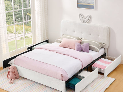 Upholstered Bed With Oversized Rabbit Ear Headboard, LED Lights & 4 Storage Drawers
