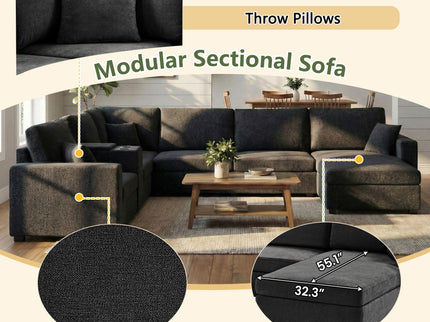 Modular 5 Seat U-Shape Sectional Sofa With Chaise Lounge, Built In Cup Holders And Storage Drawer
