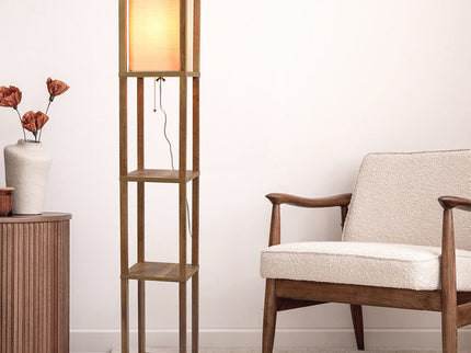 Pinnacle - Shelf Floor Lamp For Bedroom / Living Room, Long Shade - Natural Wood / White