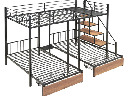 Full Over Twin-Twin Triple Bunk Bed With Drawers And Staircase - Black