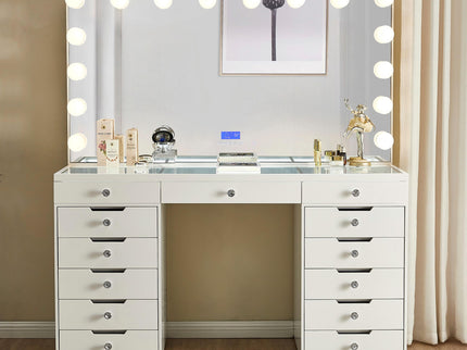 LED Lighted Makeup Vanity Desk With 16 Bulbs Mirror, 13 Drawers Dressing Table For Bedroom - Gloss White