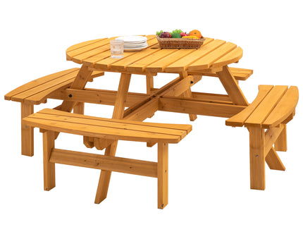 8 Person Wooden Picnic Table, Outdoor Camping Dining Table With Seat, Garden, Diy With 4 Built-In Benches, 2220Lb Capacity