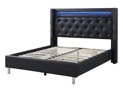 Modern Bed With LED Lights, Charging Port, Tufted Headboard