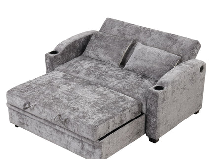 Pull Out Loveseat Sofa With Adjsutable Backrest, 2 Pillows, Cup Holders, USB Ports For Living Room