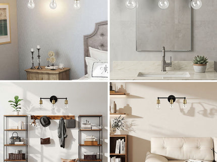 3 Light Wall Sconce, Vanity Light, No Bulbs Included - Black / Gold