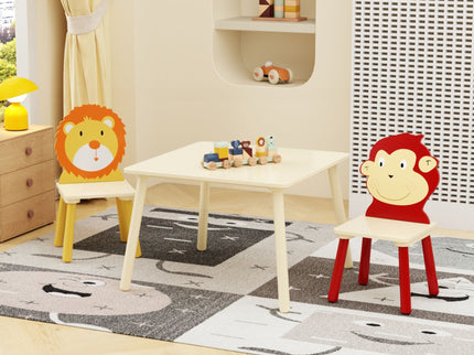 Kids Table And 2 Chairs Set, 3 Pieces Toddler Table And Chair Set, Wooden Activity Play Table Set (Lion&Monkey) - Natural