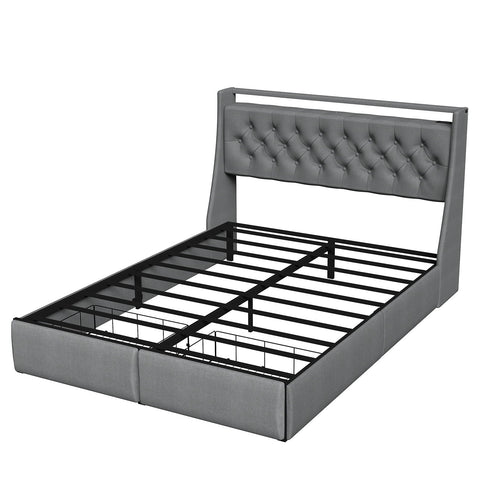 Bed Frame With Storage Headboard, RGB LED Light & USB Charging Station
