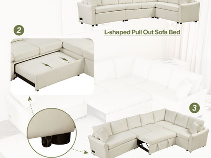 L-Shaped Sofa Convertible Sofa Bed Pull Out Sofa Sleeper With Two Back Pillows, Two USB Ports And Two Power Sockets For Living Room