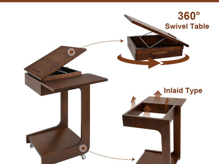 C - Shaped End Table, Rolling With 360° Adjustable & Foldable Desktop, Couch Table With Laptop Stand For Living Room - Walnut