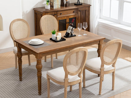 French Style Solid Wood Frame Antique Painting Fabric Rattan Back Dining Chair (Set of 2)