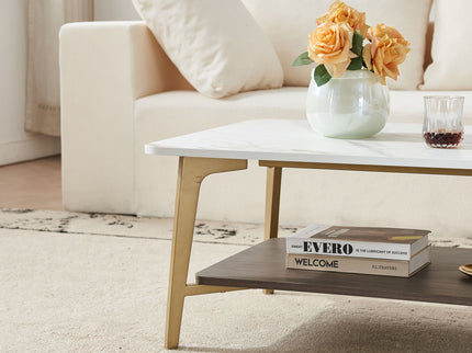 Coffee Table Rectangular Center Table For Living Room Open Space Side Table With Metal Frame - Golden / White