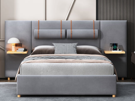 Upholstered Platform Bed, 2 Outlets And USB Charging Ports On Both Sides, 2 Bedside Pillows, Storage Shelves