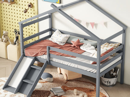 Low Loft House Bed With Slide, Ladder, Safety Guardrails, House Roof Frame