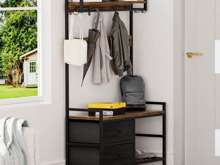 Hall Tree With 2 Movable Drawers, Shoe Storage, Shelves, Garment Racks, And 23 Hooks For Entryway - Rustic Brown