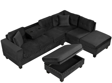 Modern Sectional Sofa With Storage Ottoman, L - Shape Couch With 2 Pillows And Cup Holders