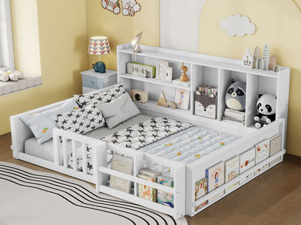 Platform Bed Frame With Guardrail, Storage Shelves & Bookshelf