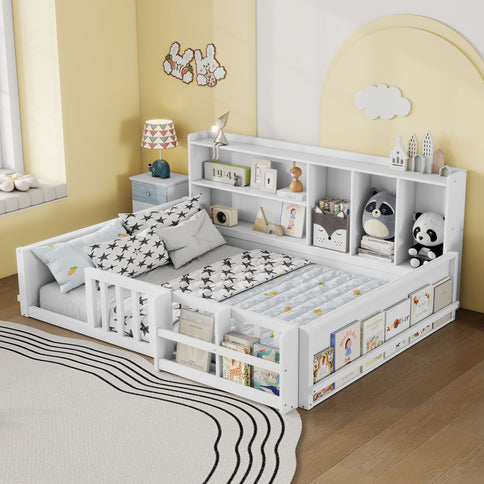 Platform Bed Frame With Guardrail, Storage Shelves & Bookshelf