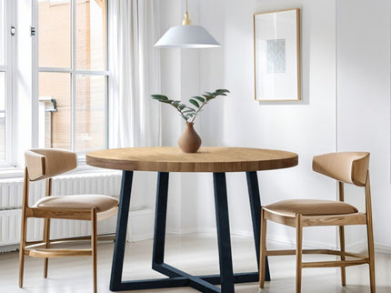 Round Dining Table With Wire Brushed Mindi Top And Mahogany Base - Wheat