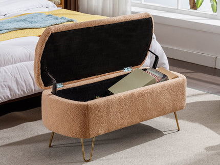 Storage Ottoman Bench For End Of Bed Legs, Modern Camel Faux Fur Entryway Bench Upholstered Padded With Storage For Living Room Bedroom