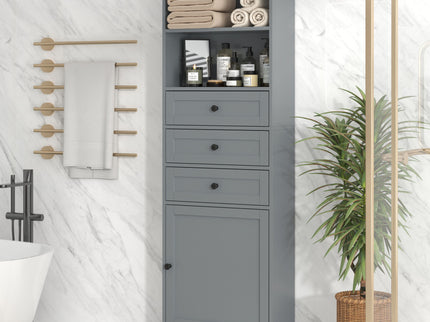 Tall Storage Cabinet With 3 Drawers And Adjustable Shelves For Bathroom