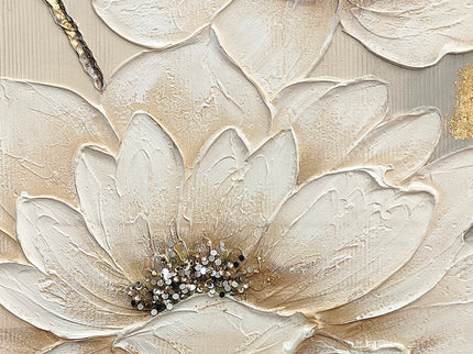 Lotus Flower Canvas Wall Art, Hand Painted Thick Textured Floral Painting With Accents, Neutral Decor For Living Room - Antique White / Gray