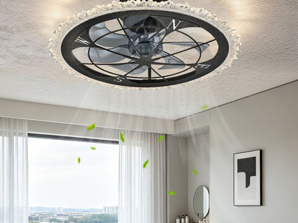 Caged Ceiling Fan & Remote Controlled Dimmable LED Lights, Flush Mount Fan, Low Profile Design - Antique Black