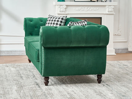 Chesterfield Fabric Sofa With Roll Armrest And Nailhead, Mid Century 2 Seater Couch