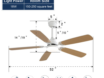 52" DC Motor Ceiling Fan With LED Light, 6 Speed Remote Control, Reversible Blades For Living Room - White