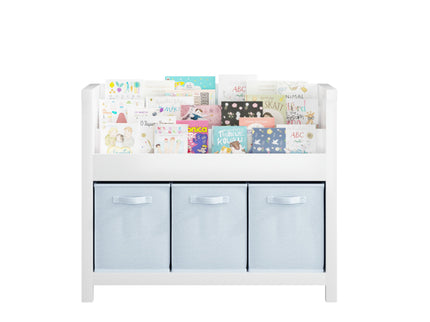 Bookshelf With 3 Tier Front Facing Storage And 3 Bins, Toddler Bookcase For Playroom - White
