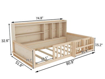 Platform Bed Frame With Guardrail, Storage Shelves & Bookshelf