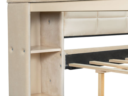 Upholstered Platform Bed With Storage Shelves, Desk, Charging Station And Trundle
