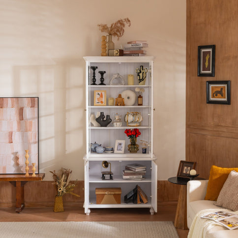 Vintage Display Cabinet With Double Glass Doors, Traditional Style Hutch For Home Or Workspace Washed - White Washed