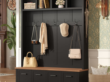 Hall Tree With Storage Bench Mudroom Coat Rack With 6 Hooks