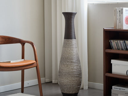 Tall Standing Designer Floor Vase Durable Artificial Rattan Elegant 2 Tone Finish Ideal Decor Accent For Living Room, Bedroom, Entryway Stylish Home Decor Statement Piece - Black / Gray