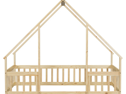 Wood House-Shaped Floor Bed With Fence, Guardrails
