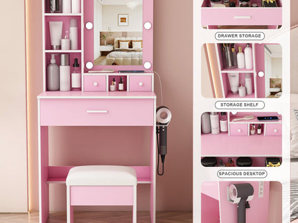 Vanity Table With Mirror, Adjustable LED Lights, Power Outlet, Hairdryer Holder & Stool